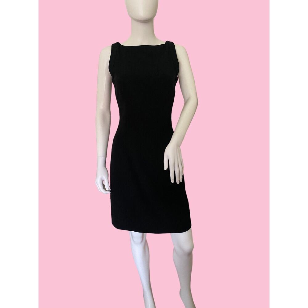 Vintage 90s Womens Armani Black Sleeveless Sheath Dress Wool Blend Made in Italy